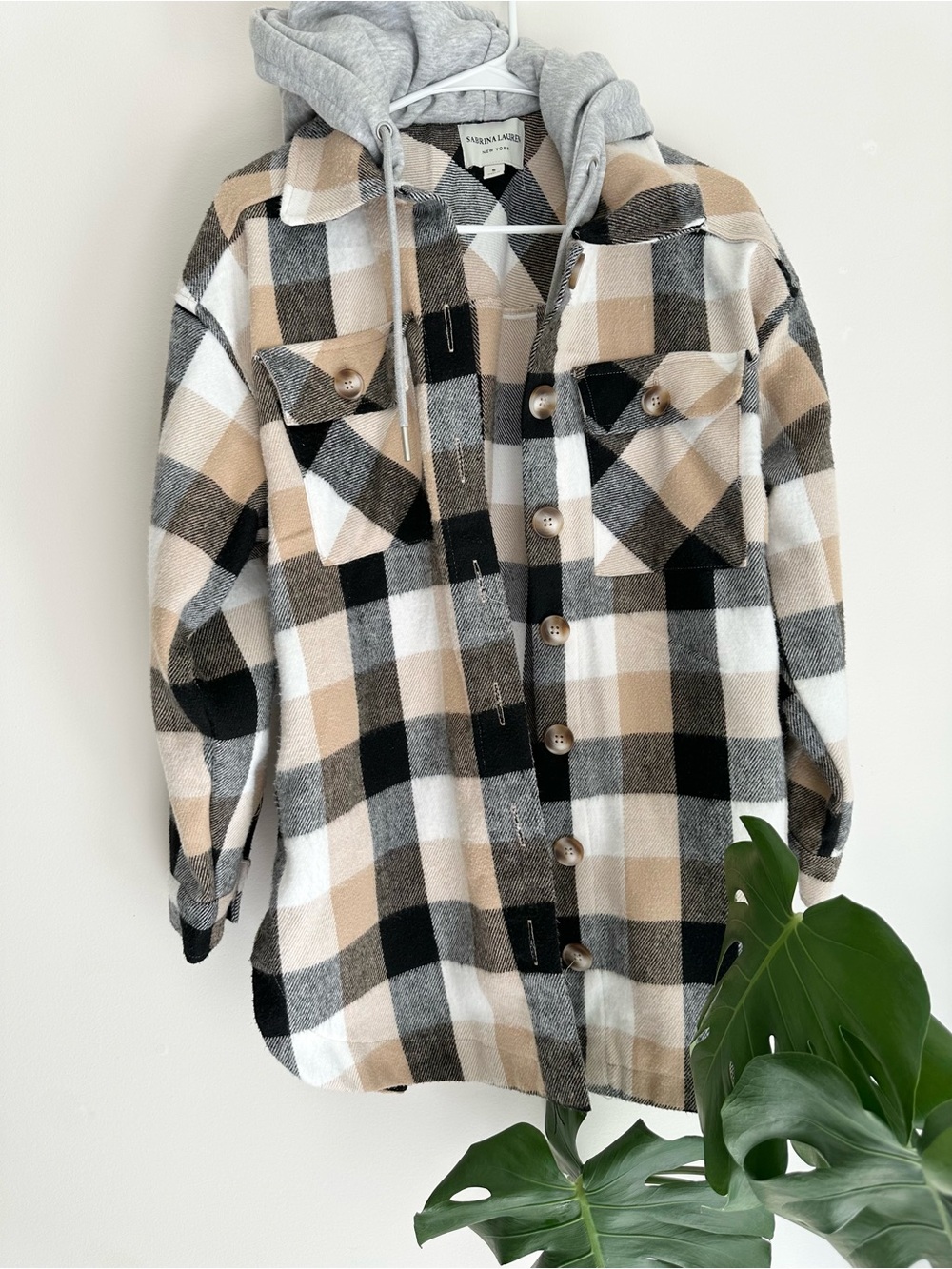 Sabrina Lauren New York Plaid Hooded Shacket in Tan Black White
